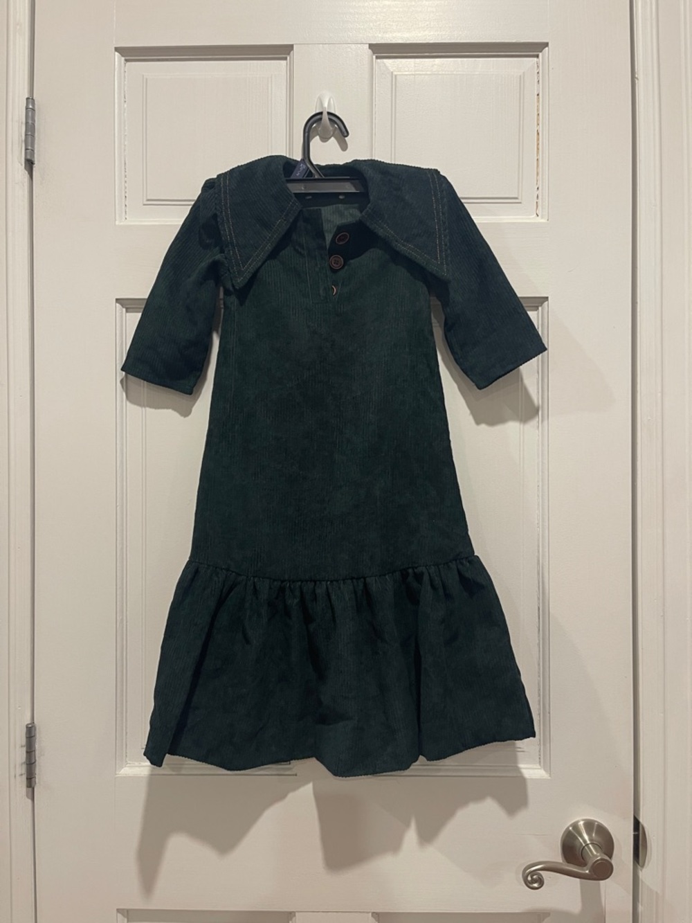 Girls' Dark Green Corduroy Ruffle Hem Dress with Sailor Collar